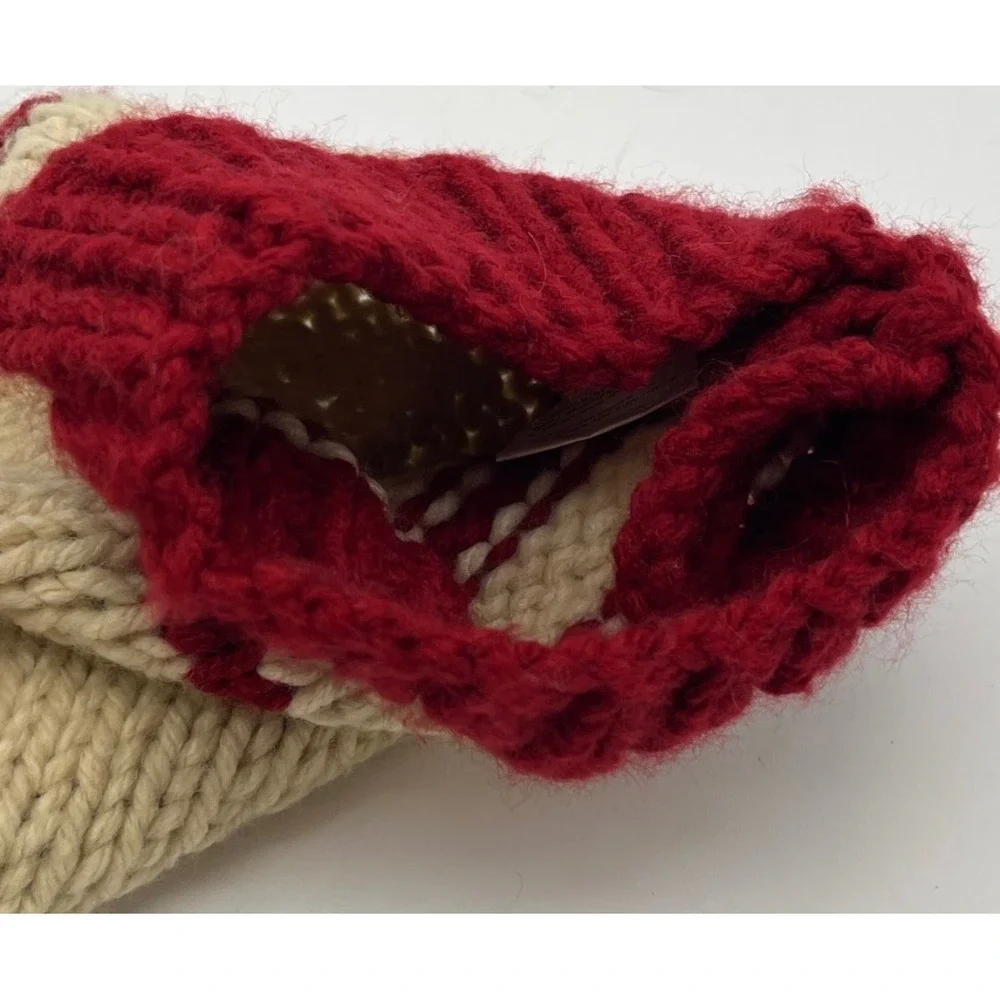 POTTERY BARN Christmas Stocking Red Ivory Chunky Knit Pine Tree‎ Striped Hook